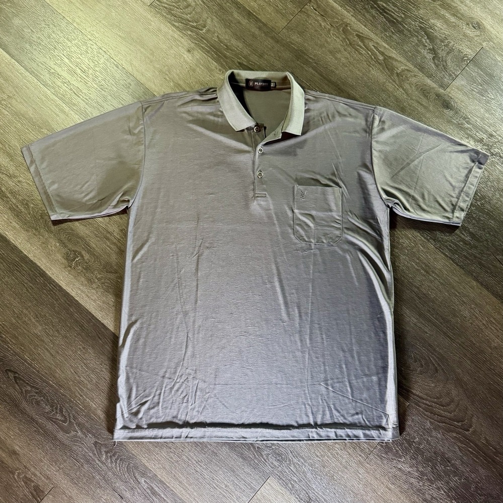 Vintage 80s Playboy Polo Shirt Size 54 Gray Black Golf Bunny Logo Mens Pocket XL